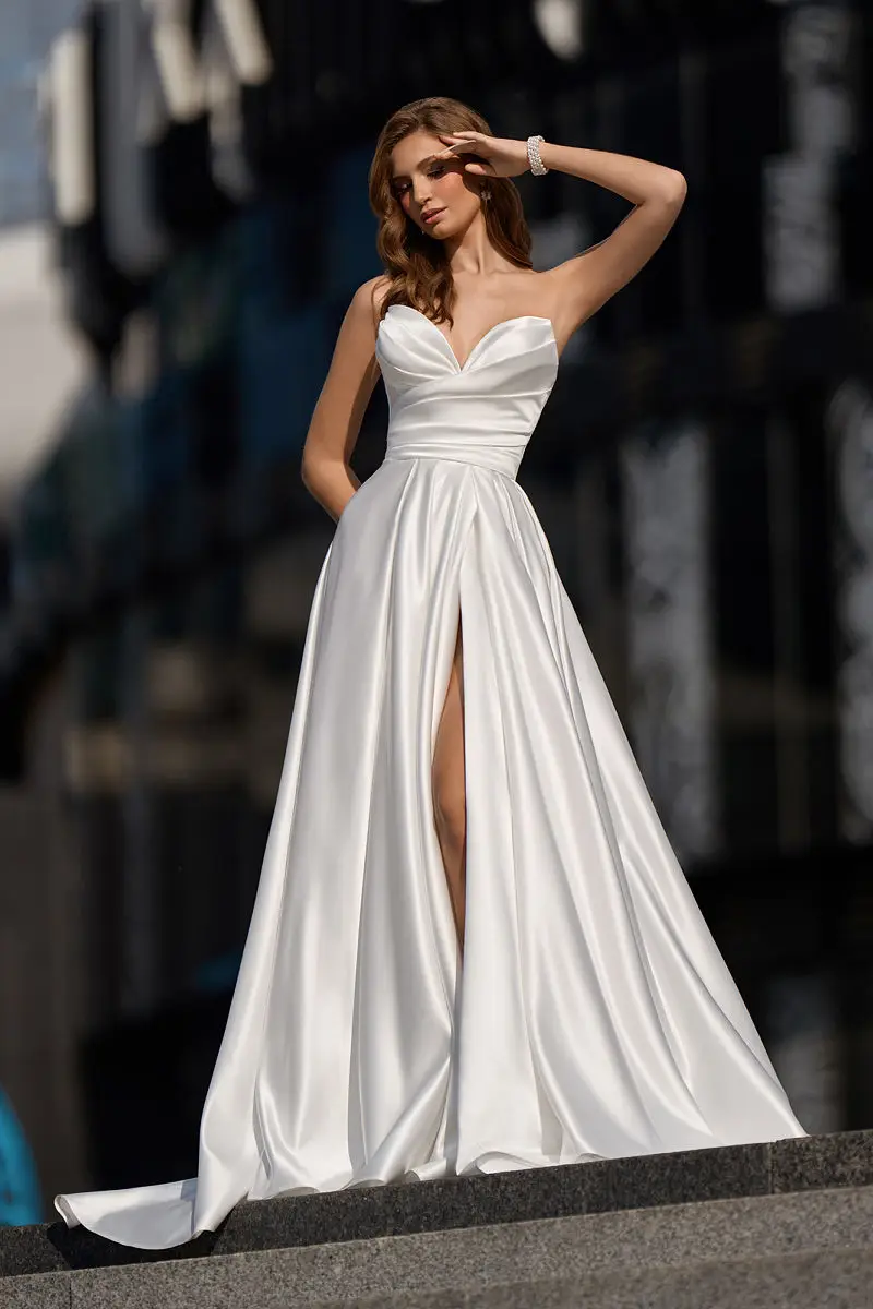 

Elegant Satin A-line Wedding Dress Side Slit Floor Length Sleeveless For Women Customize To Measures Robe De Mariee Simple Beach