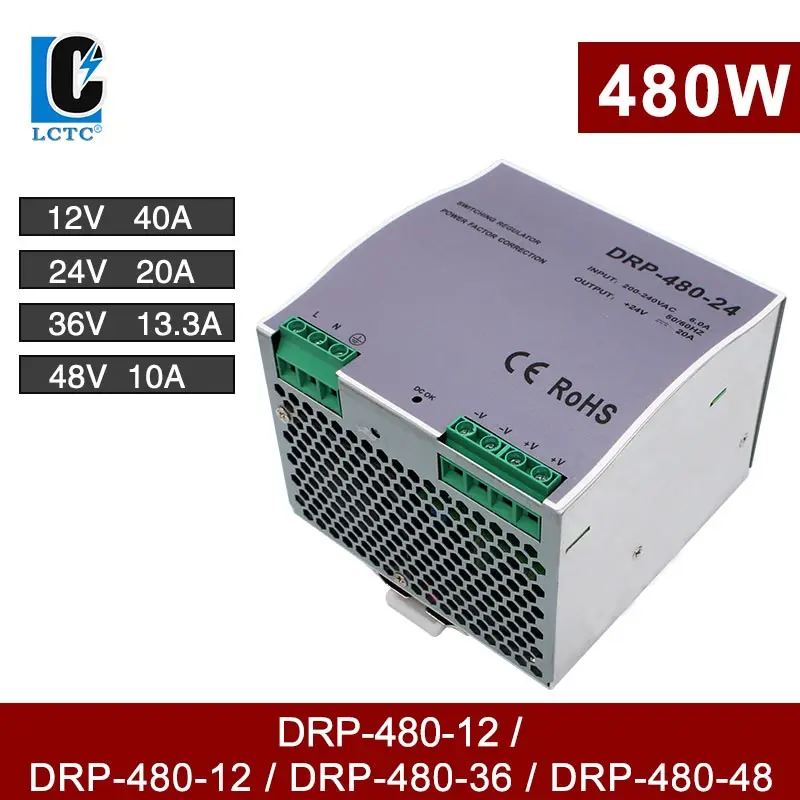 

480W DC 12V 24V 36V 48V Output Voltage 10A 13.3A 20A 40A DRP-480 Rail Type Switching Power Supply Transformer