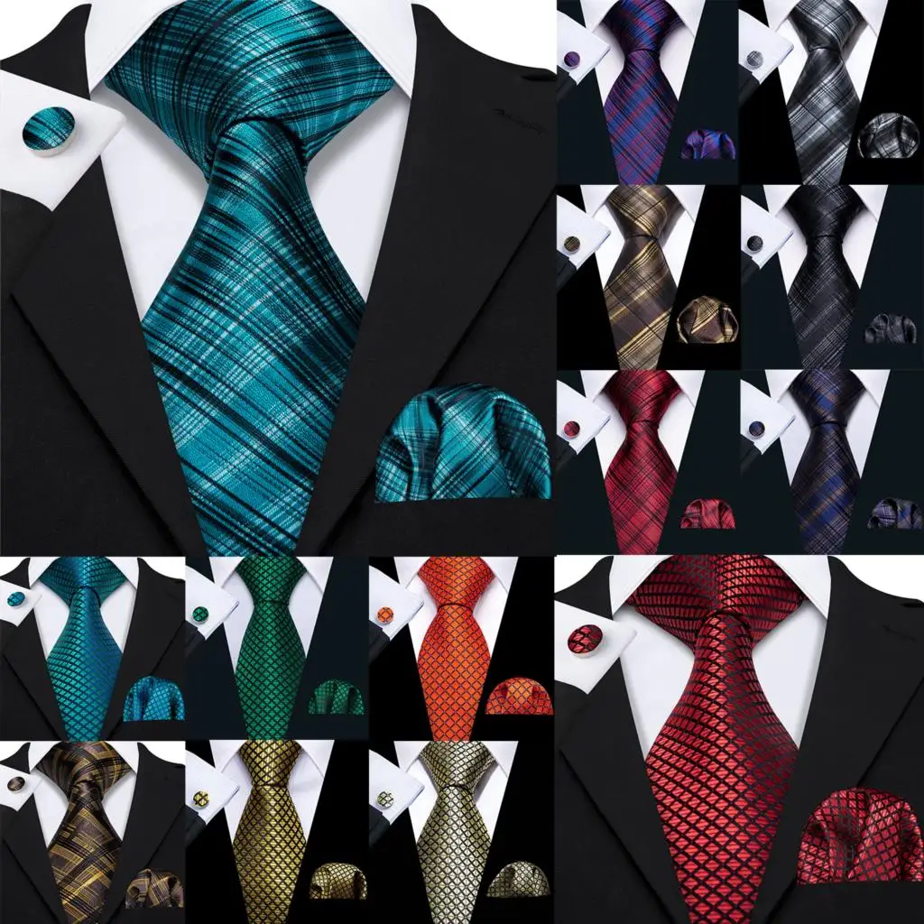 

Barry.Wang Plaid Silk Men Tie Hankerchief Cufflinks Set Jacquard Same Pattern Check Necktie for Male Wedding Team Groomsman Corp