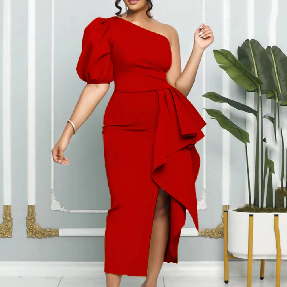 Sexy Dresses for Women One Shoulder Puff Sleeve High Waisted Side Split Ruffles Elegant Birthday Party Dinner Vestidos Mujer Hot
Sexy Dresses for Women One Shoulder Puff Sleeve High Waisted Side Split Ruffles Elegant Birthday Party Dinner Vestidos Mujer Hot
