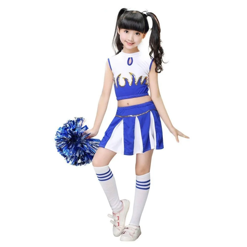 

2023 New New Kids Girls Cheerleader Costume Outfit Children Boys Cheerleading Dress Uniform School Activity Match Pom-poms Socks