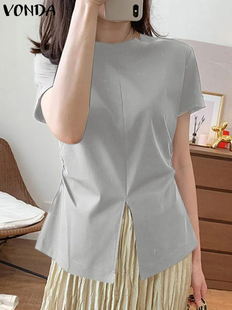 

VONDA 2024 Tops Women Blouse Summer Short Sleeve Tunic Casual Solid Color Slit Shirts Round Neck Elegant Fashion Blusas Feminina