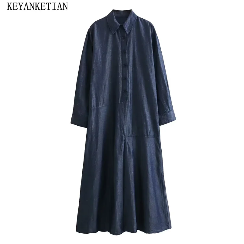 

KEYANKETIAN 2024 New Launch Women's Dark blue Tencel Denim Dress Leisure style Asymmetrical Patchwork Loose A-line MIDI Dress