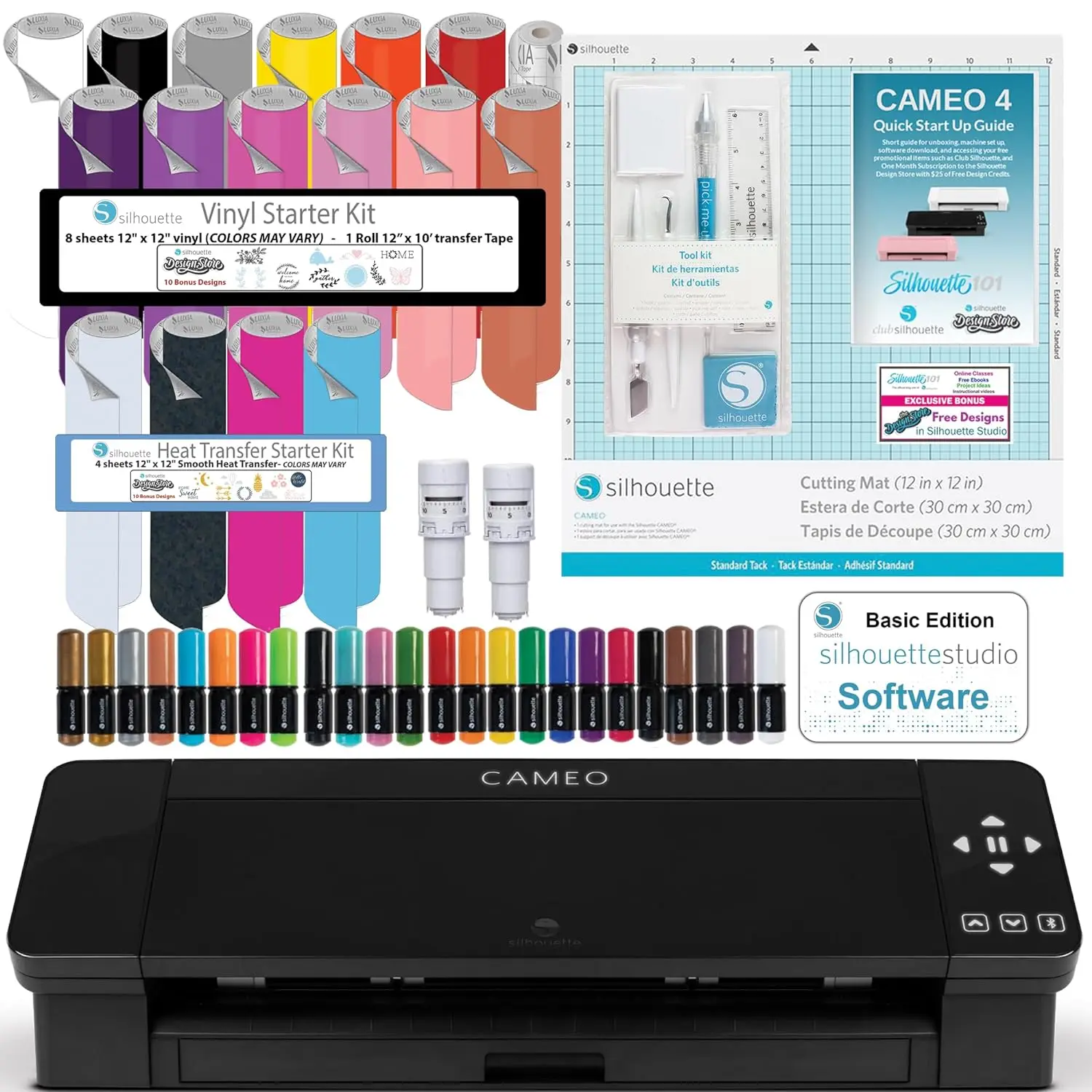 Silhouette Cameo 4 Black Bundle with Vinyl Starter Kit, Heat Transfer Starter Kit, 2 Autoblade-2, CrafterCuts Vinyl Tool Kit
Silhouette Cameo 4 Black Bundle with Vinyl Starter Kit, Heat Transfer Starter Kit, 2 Autoblade-2, CrafterCuts Vinyl Tool Kit