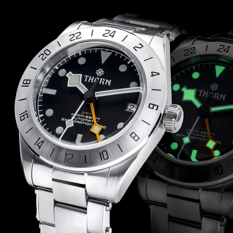 Thorn Men's Retro Diver Watch Black Dial Sapphire Glass NH34 Automatic Movement GMT Function Stainless Steel Bracelet 20Bar Lume
Thorn Men's Retro Diver Watch Black Dial Sapphire Glass NH34 Automatic Movement GMT Function Stainless Steel Bracelet 20Bar Lume