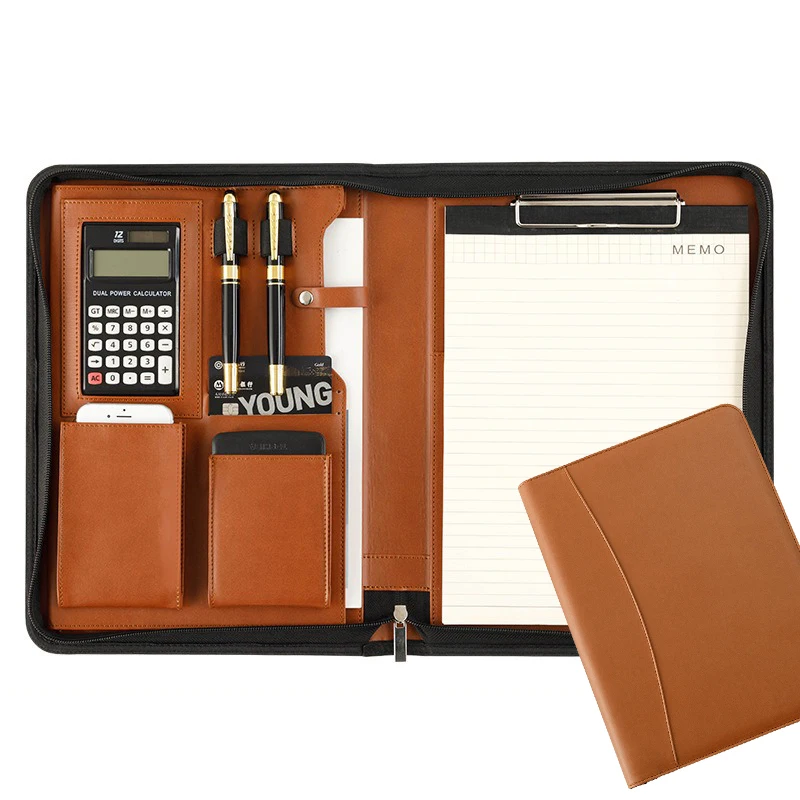 

A4 Business Brown Portfolio Folder Leather Contract File Folders for Document Man Executive Briefcase Zippered Bag Calculator