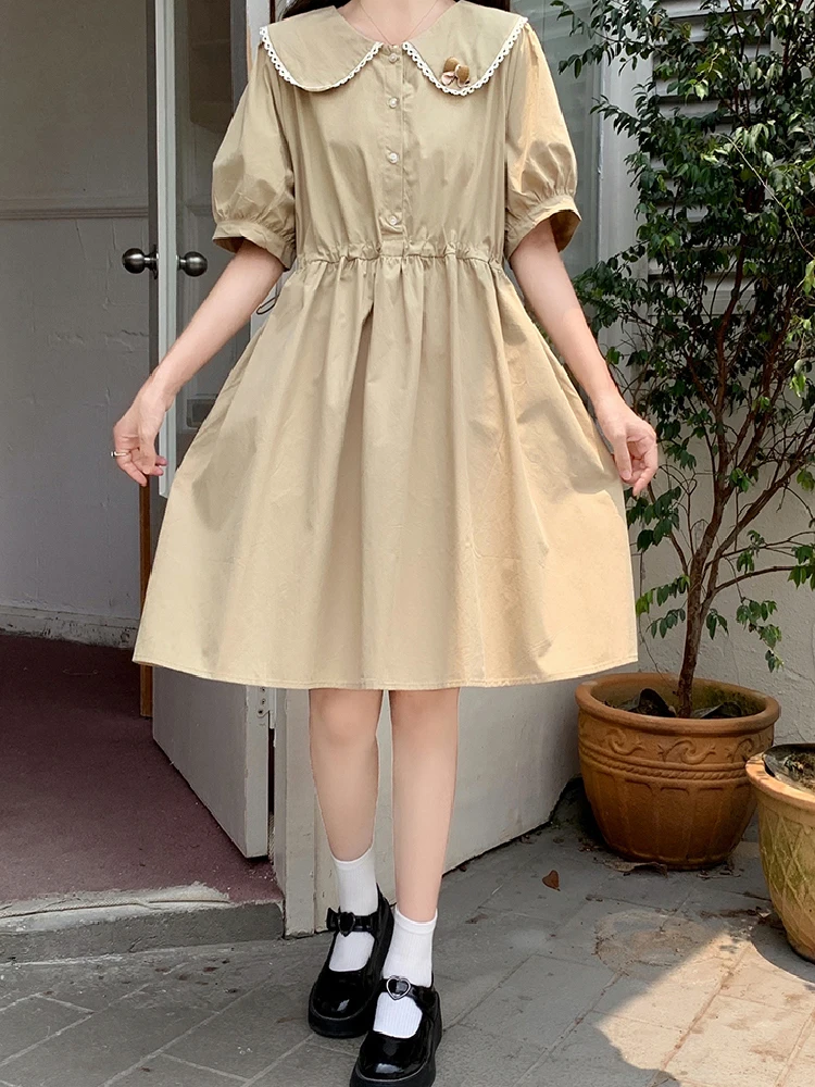 

Princess Dresses Mori Girly Preppy Style Lolita Women Dress Elegant Summer Peter Pan Collar Waist Short Sleeve Mid-Calf Dresses