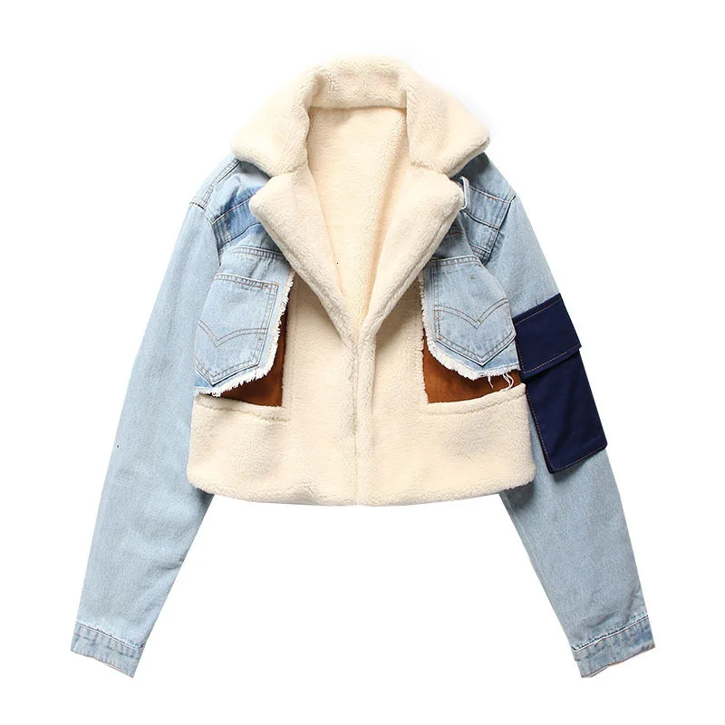 

Fashionable Plush Denim Patchwork Coat Winter Wear New Style Lamb Wool Inner Liner Thickened Short Motorcycle Jacket Cotton Coat