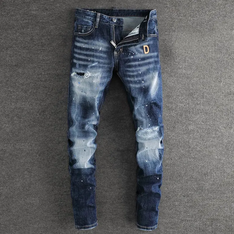 

Street Fashion Men Jeans High Quality Retro Blue Stretch Slim Fit Ripped Jeans Painted Designer Brand Vintage Denim Pants Men