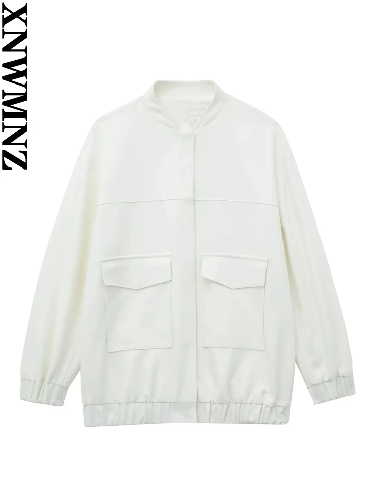 

XNWMNZ Женская мода 2023 осенняя куртка-бомбер с накладными карманами Женская винтажная Универсальная Женская куртка с круглым вырезом и длинным рукавом