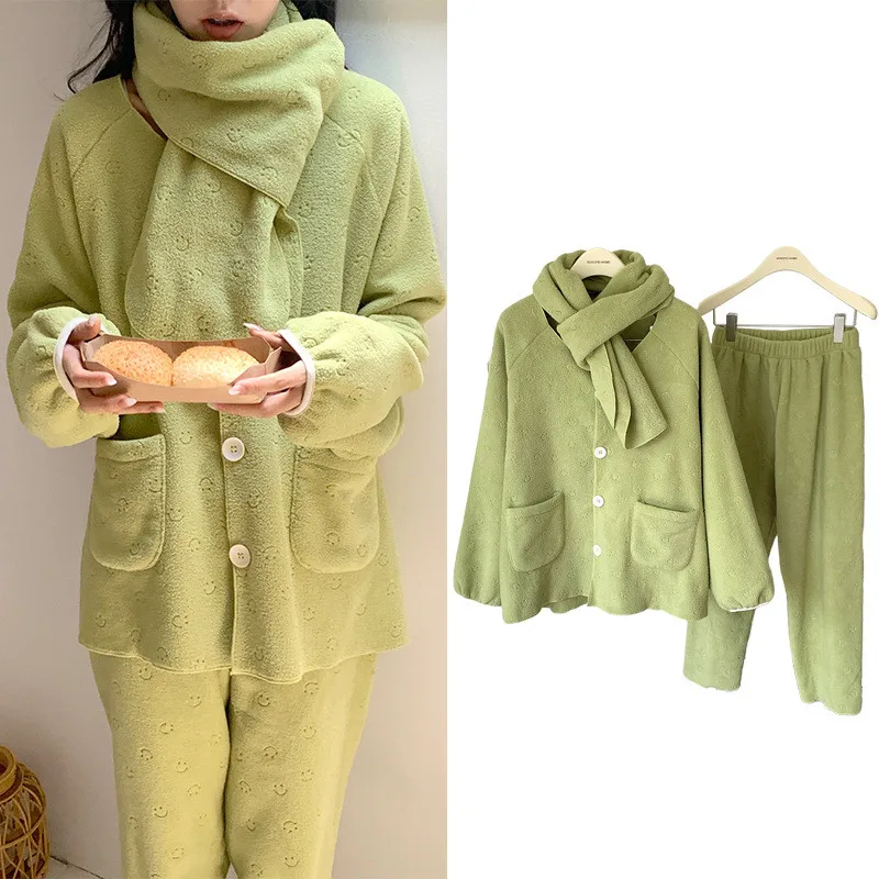 

Fdfklak Winter Embossed Pajamas Women Double-Sided Fleece Thicken Warm Home Clothes Sleepwear Pijamas Ladie's Three-Piece Set