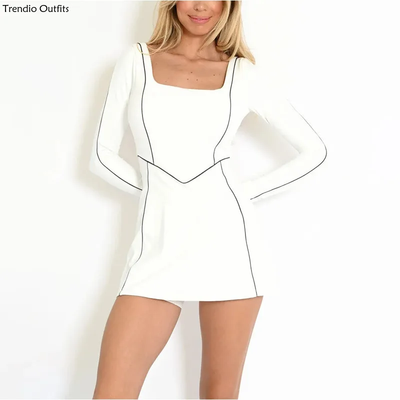 

Trendio Minimalist Color Contrast Line Dress Women Design Feels Slimming Long Sleeved Slim Hip Wrap Skirt Slim Sexy Short Skirt