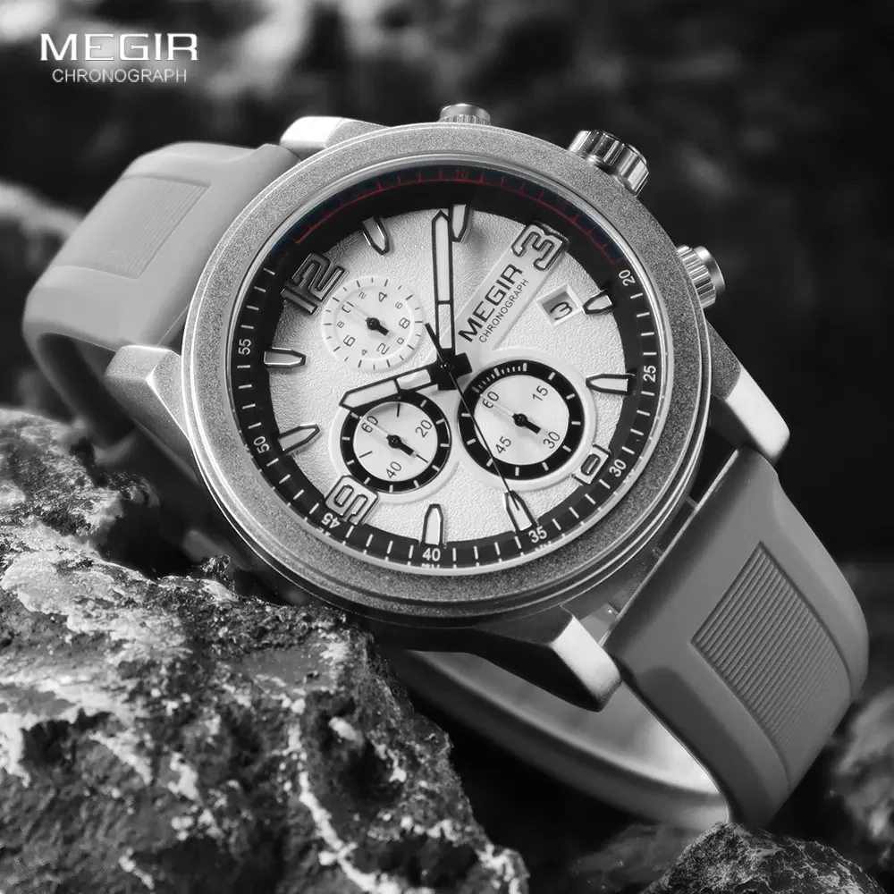 

MEGIR Gray Sport Watch Men Fashion Military Analog Chronograph Quartz Wristwatch with Auto Date Luminous Hands Silicone Strap