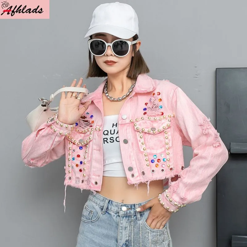 Beaded Rainbow Diamond Hole Loose Casual Pink Denim Jackets Spring And Autumn Single Breasted Turn Down Collar Women Coats
Beaded Rainbow Diamond Hole Loose Casual Pink Denim Jackets Spring And Autumn Single Breasted Turn Down Collar Women Coats