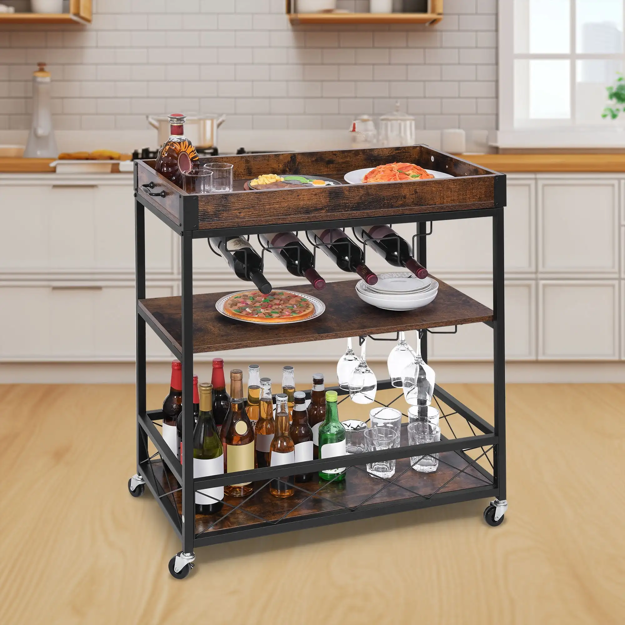 Dextrus 31" Mobile Bar Cart with Removable Countertop Container, 3-Tier Kitchen Serving Cart with Wine Rack and Glass Holder
Dextrus 31" Mobile Bar Cart with Removable Countertop Container, 3-Tier Kitchen Serving Cart with Wine Rack and Glass Holder