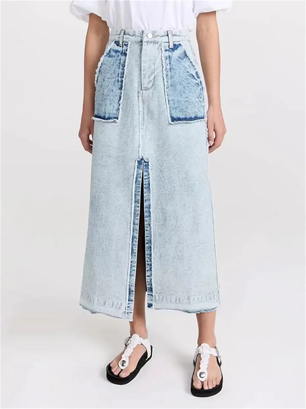 Women's Denim Mid Length Skirt 2023 New Slit High Waist Patchwork Casual A-line Jupe
Women's Denim Mid Length Skirt 2023 New Slit High Waist Patchwork Casual A-line Jupe