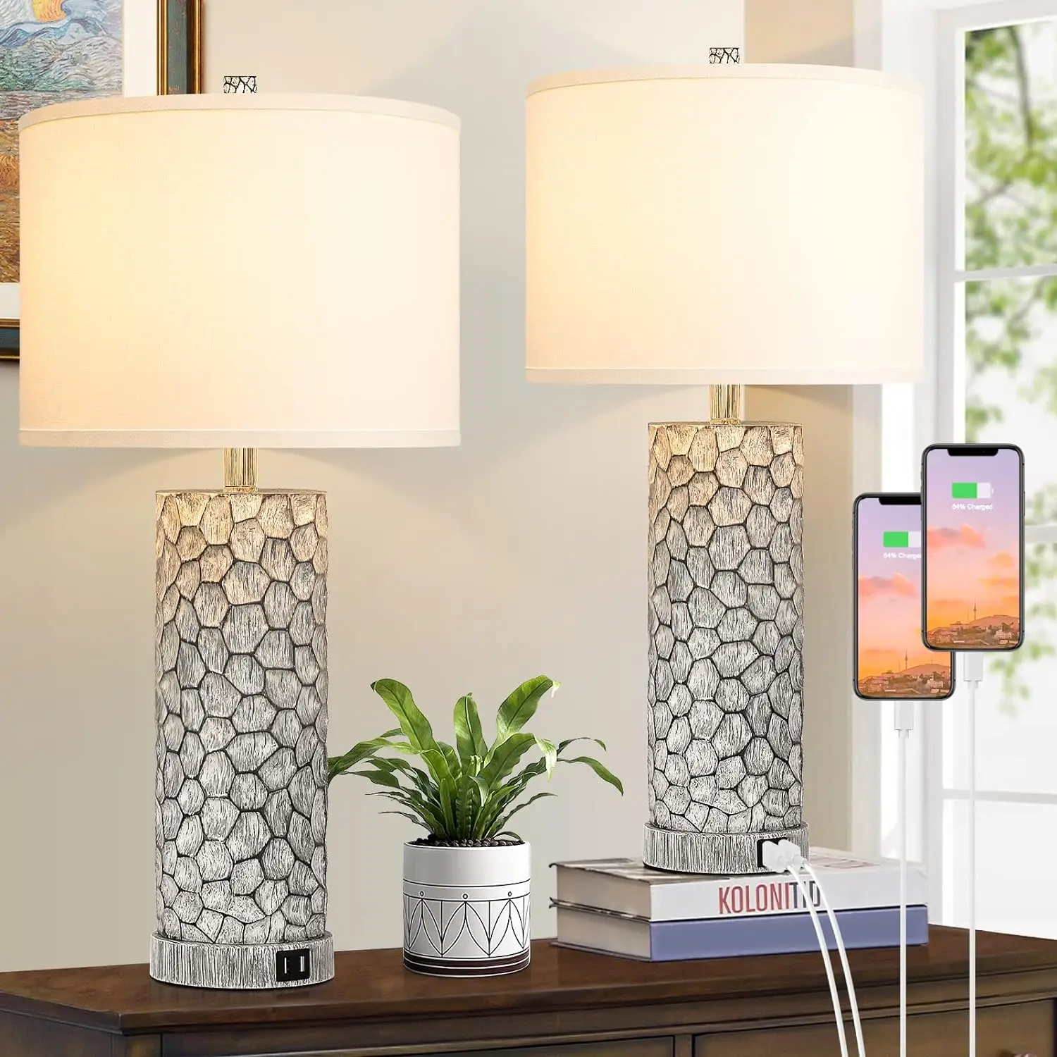 Lamps with Dual USB Charging Ports Set of 2 for Bedroom Living Room, 25\u201D Tall Rustic Farmhouse Desk Lamps with White Fabric
Lamps with Dual USB Charging Ports Set of 2 for Bedroom Living Room, 25\u201D Tall Rustic Farmhouse Desk Lamps with White Fabric