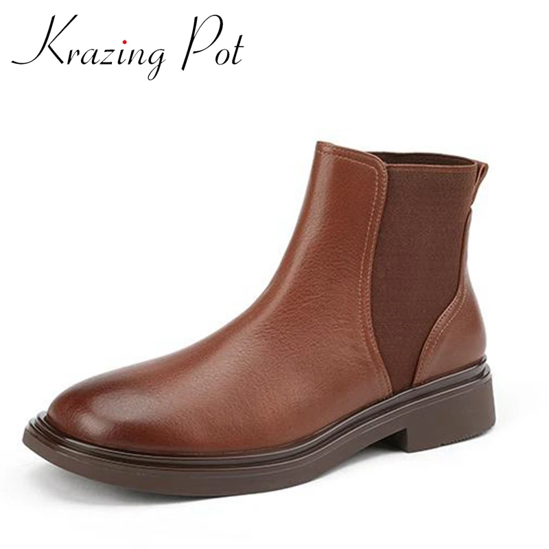 Krazing Pot Cow Leather Round Toe Med Heels Chelsea Boots Platform Large Size 43 Splicing Metal Decorations Slip on Ankle Boots
Krazing Pot Cow Leather Round Toe Med Heels Chelsea Boots Platform Large Size 43 Splicing Metal Decorations Slip on Ankle Boots