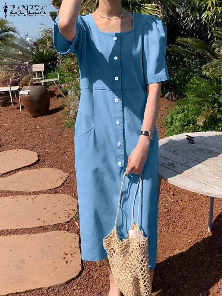 ZANZEA Square Neck Denim Robes Elegant Women Sundress 2023 Summer Casual Vestidos Holiday Leisure Button Short Sleeve Midi Dress 
ZANZEA Square Neck Denim Robes Elegant Women Sundress 2023 Summer Casual Vestidos Holiday Leisure Button Short Sleeve Midi Dress