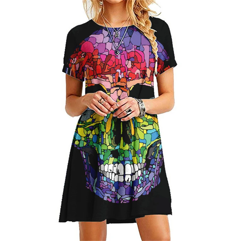 

Women Dresses 2022 Summer New 3D Geometric Print Fashion O-Neck Short Sleeve Mini Dress Casual Female Boho Streetwear Clothing