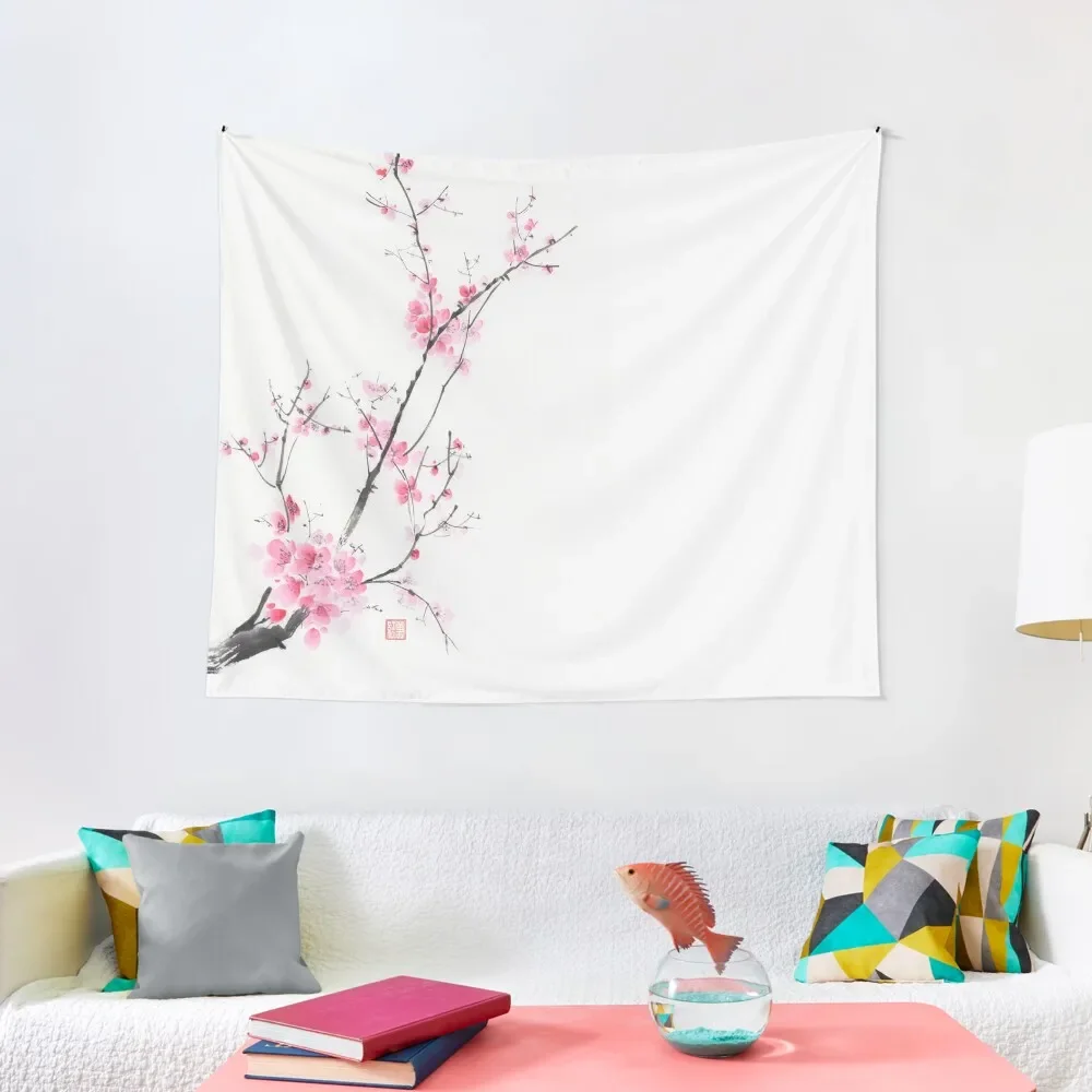 Elegant branch of cherry blossom with pink flowers on white Oriental sumi-e painting art print Tapestry Art Mural Tapestry
Elegant branch of cherry blossom with pink flowers on white Oriental sumi-e painting art print Tapestry Art Mural Tapestry