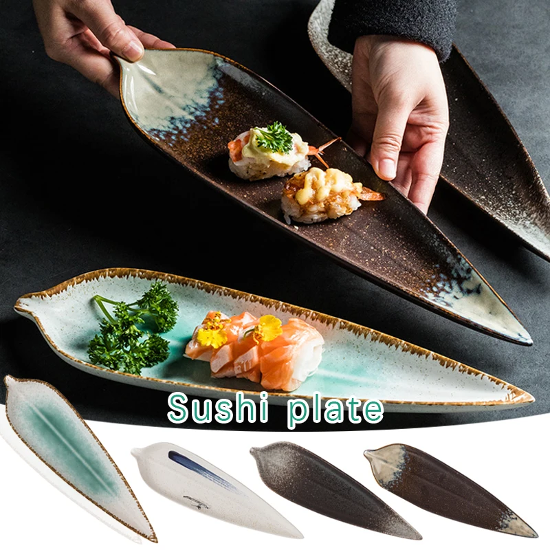 

35cm Long Food Grade Ceramic Japanese Tableware Creative Leaf Shaped Sushi Plate Korean Cuisine Restaurant Sashimi Cold Dish