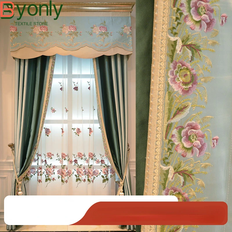 

Chinese Blue-green Embroidered Window Screen Splicing Curtains for Living Room Bedroom French Window Balcony Customized Products