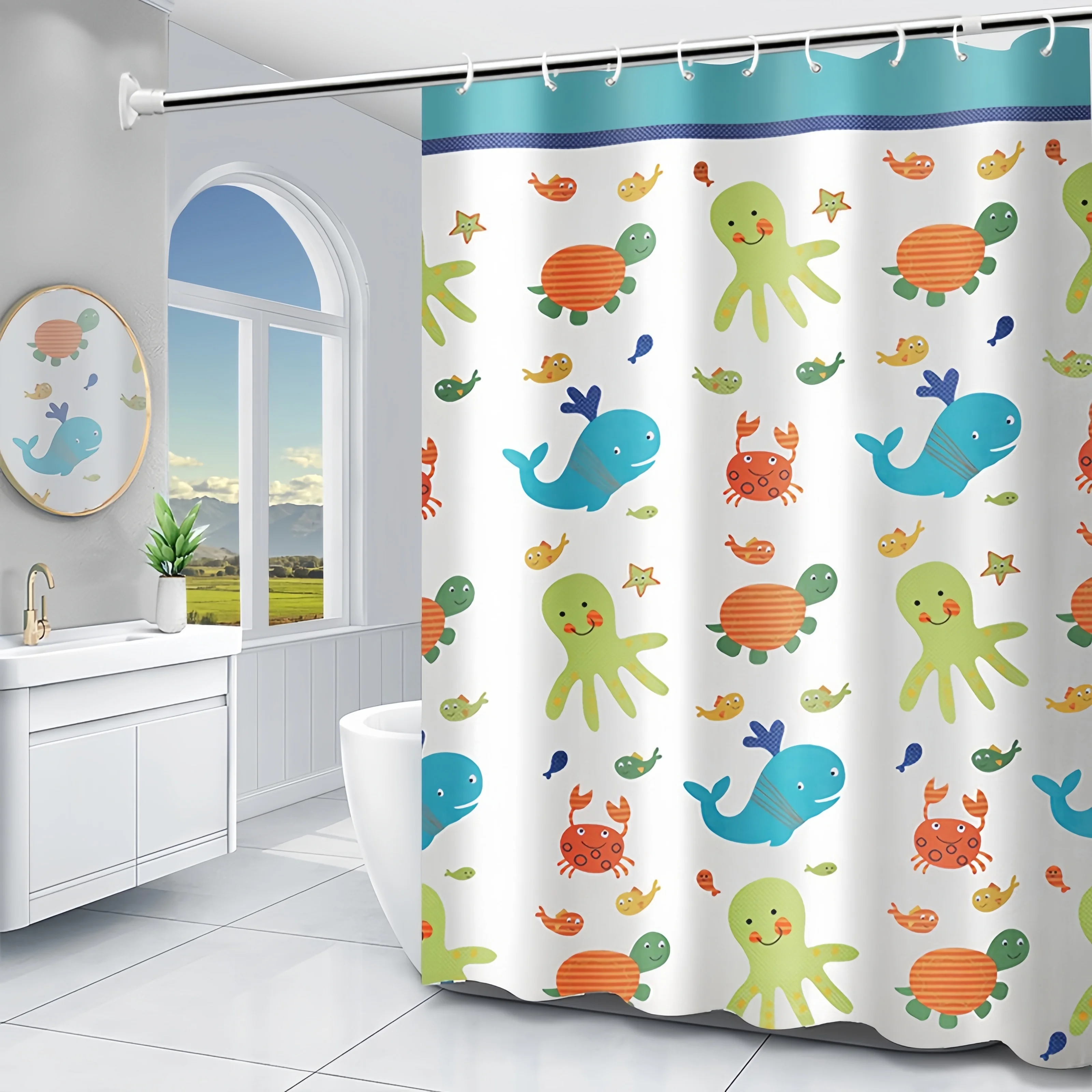 

1 Piece Small Fresh Cartoon Sea Creature Waterproof and Mildew Resistant Bathroom Partition Curtain Free 12 Hooks, 72" x 72"