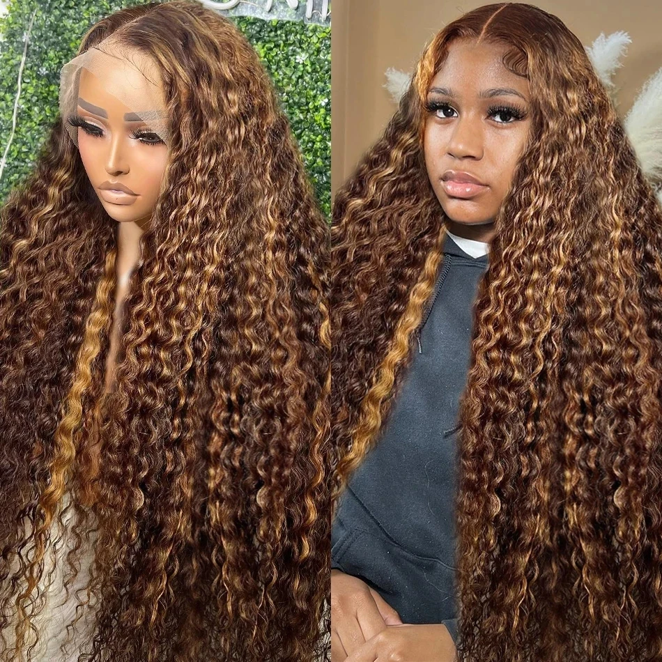 

Curly Human Hair Wig Honey Blonde Ombre 13x4 Brazilian Brown Color Deep Water Wave 13x6 Hd Frontal Highlight Lace Front Wigs ﻿