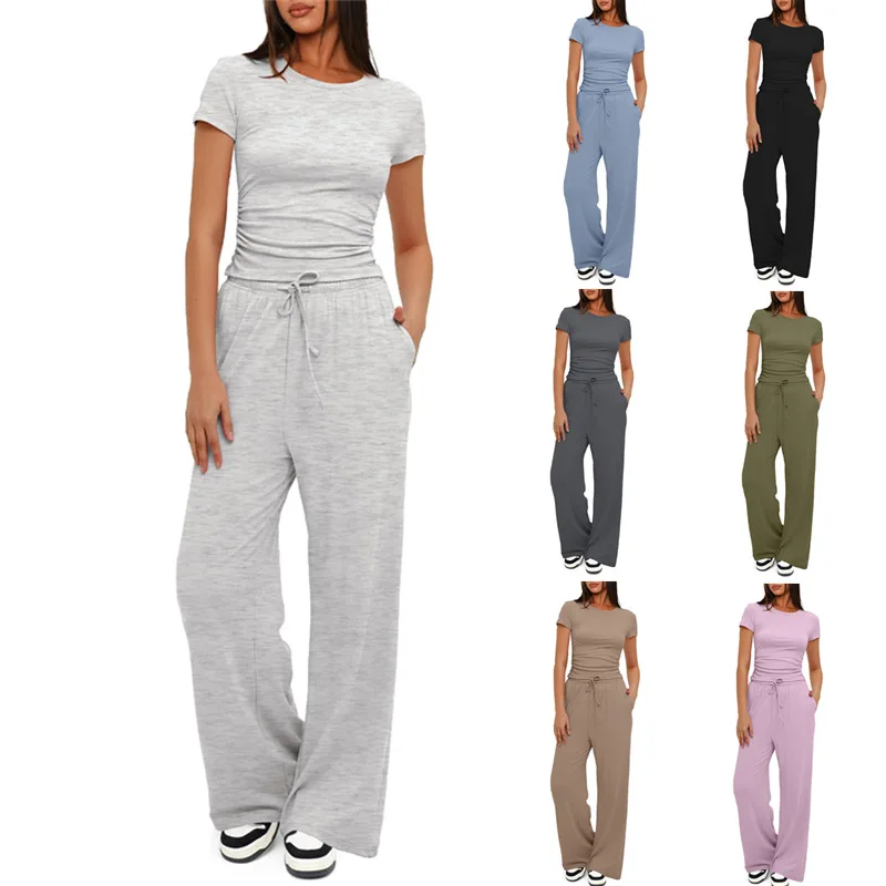 

Women's 2 Piece Outfits Lounge Sets Ruched Short Sleeve Tops and High Waisted Wide Leg Pants Tracksuit Sets