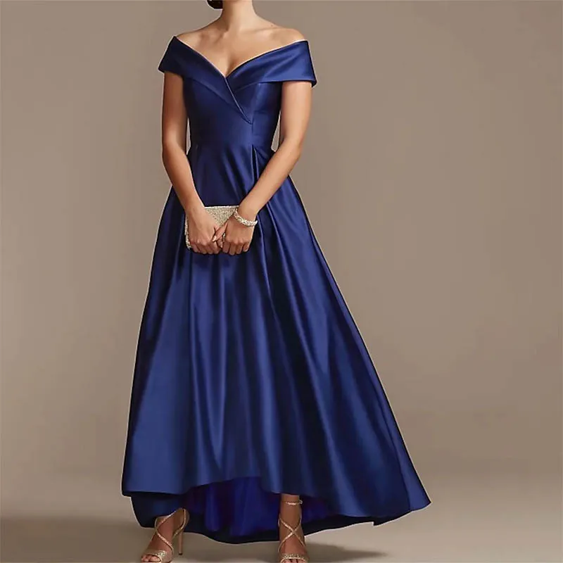 

Elegant A-Line Mother of the Bride Dress Off Shoulder Asymmetrical Satin Short Sleeve with Pleats Formal Wedding Party Gown