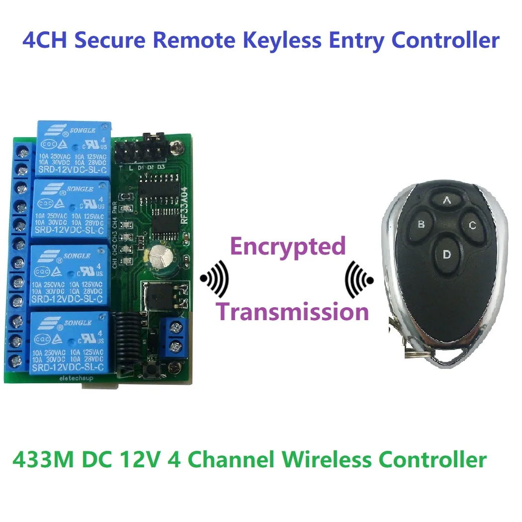 

4CH DC 12V 433M RF Rolling Code Hopping Encoder Decoder RC43A04 Transmitter RF33A04 Controller for Secure Remote Keyless Entry