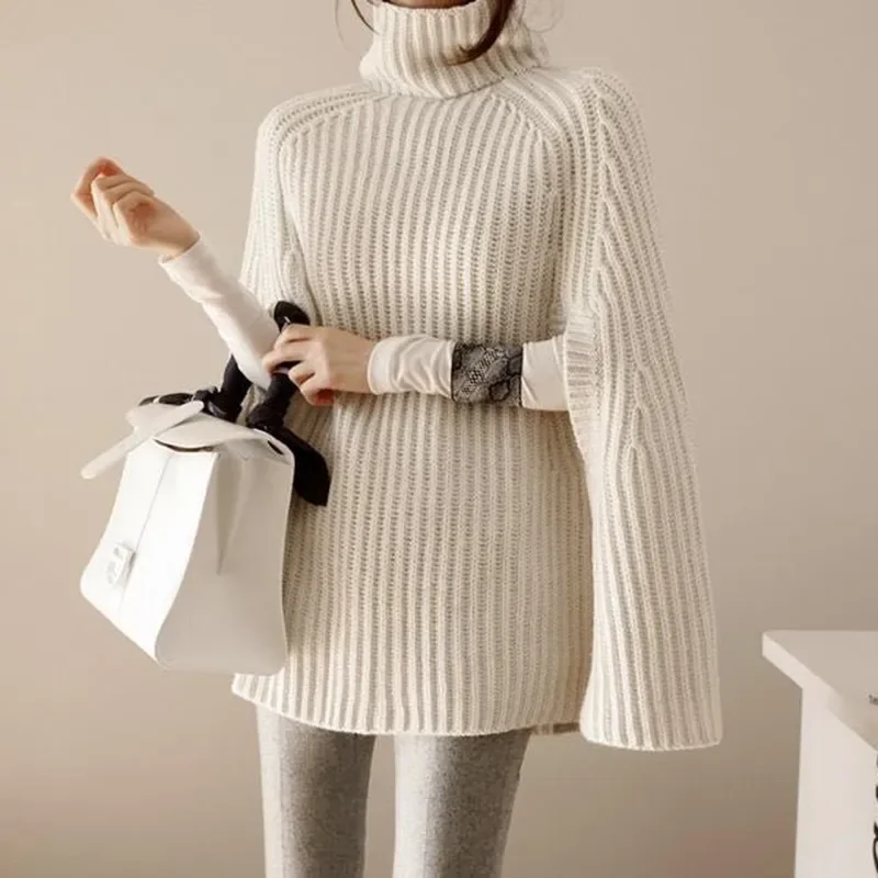 

Batwing Knitted Tops Loose Sweater Autumn Winter Fashion Women Cloak Poncho Female Sexy Turtleneck Sweaters 2023