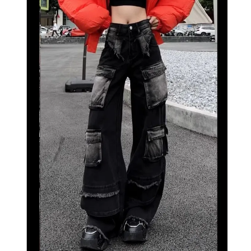 

Raw Edge Cargo Pants Women Jeans Street Hip-hop Retro Baggy Jeans Women Casual Washed and Distressed High Waisted Jeans Woman