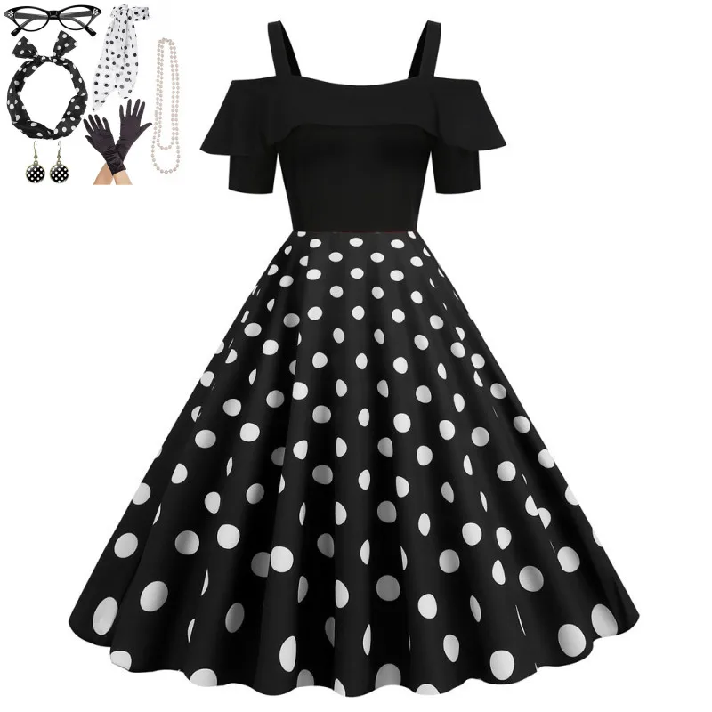 

7pc/set Women's Strapless Halter Rockabilly Polka Dots Dress with Jewelry Set Hepburn 1960s 50s Retro Vintage Party Dresses