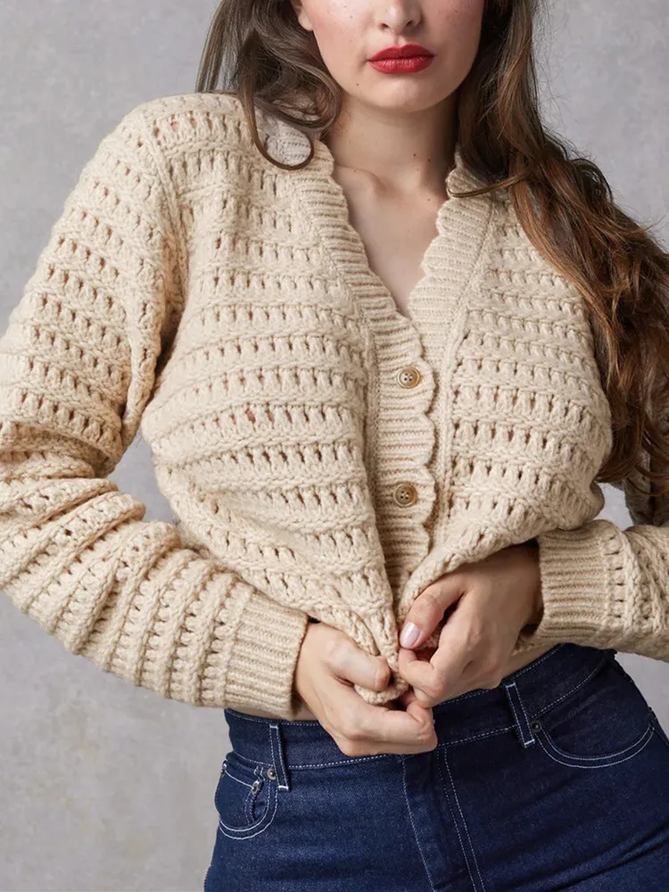 Solid Color Hollow Out Knitted Cardigan For Ladies 2023 Winter Slim V-Neck Single Breasted Wool Blend Short Long Sleeves Sweater
Solid Color Hollow Out Knitted Cardigan For Ladies 2023 Winter Slim V-Neck Single Breasted Wool Blend Short Long Sleeves Sweater