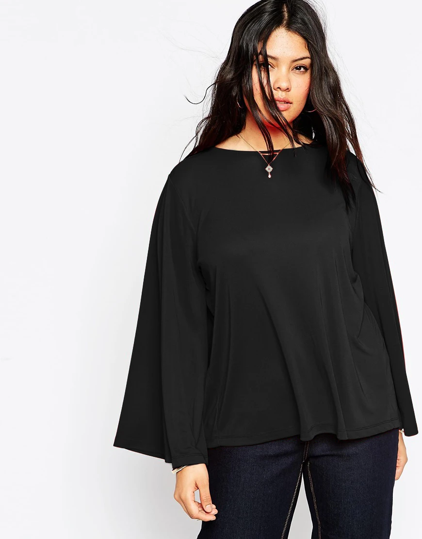 

Plus Size Long Flare Sleeve T-shirt Women Solid Black Round Neck Spring Autumn Knitting Elegant Casual Top Tee Blouse 5XL 6XL 7X