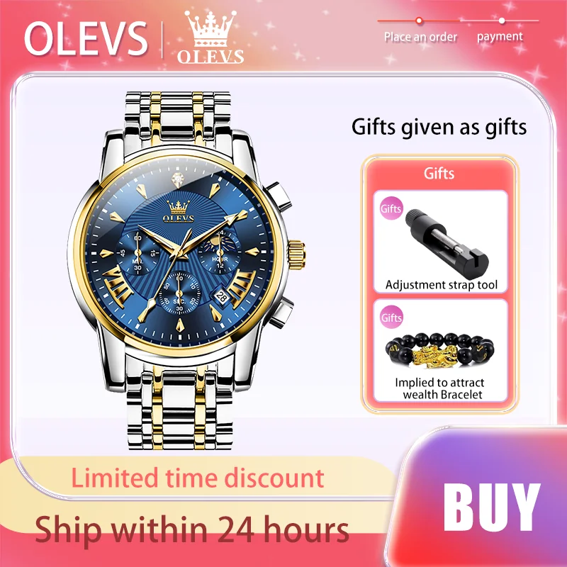 

OLEVS Original Luxury Brand Men Watch Stainless Steel Strap Quartz Watch Calendar Luminous Waterproof Moon Phase Male Wristwatch