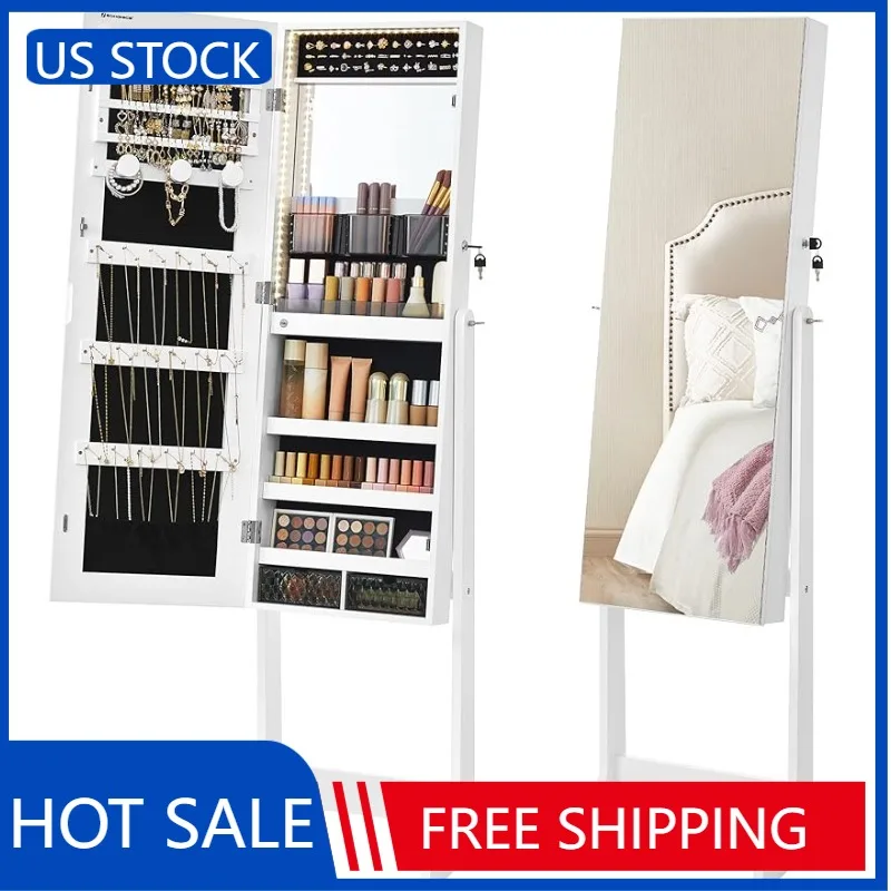 

SONGMICS Mirror Jewelry Cabinet Standing Armoire Organizer, Jewelry Storage with Full-Length Frameless LED Lights