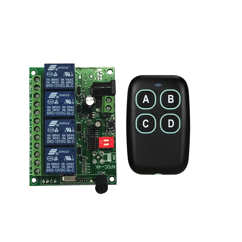 DC 12V 10A 4 channel relay switch RF Wireless Remote Control switch Transmitter 433mhz Fan/Motor Electric cars
DC 12V 10A 4 channel relay switch RF Wireless Remote Control switch Transmitter 433mhz Fan/Motor Electric cars