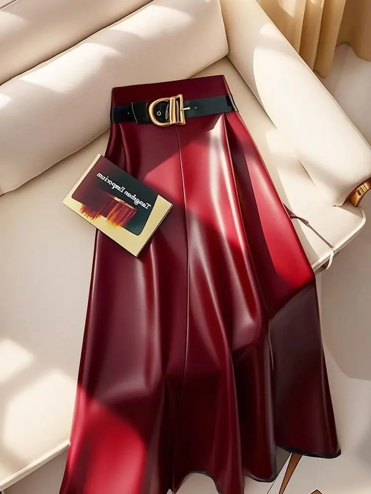 High end goddess style high-end red PU skirt for women 2024 new Leather midi skirt, mid length umbrella skirt 77 S3f7339d257604b8c8507edb35f5efa52M