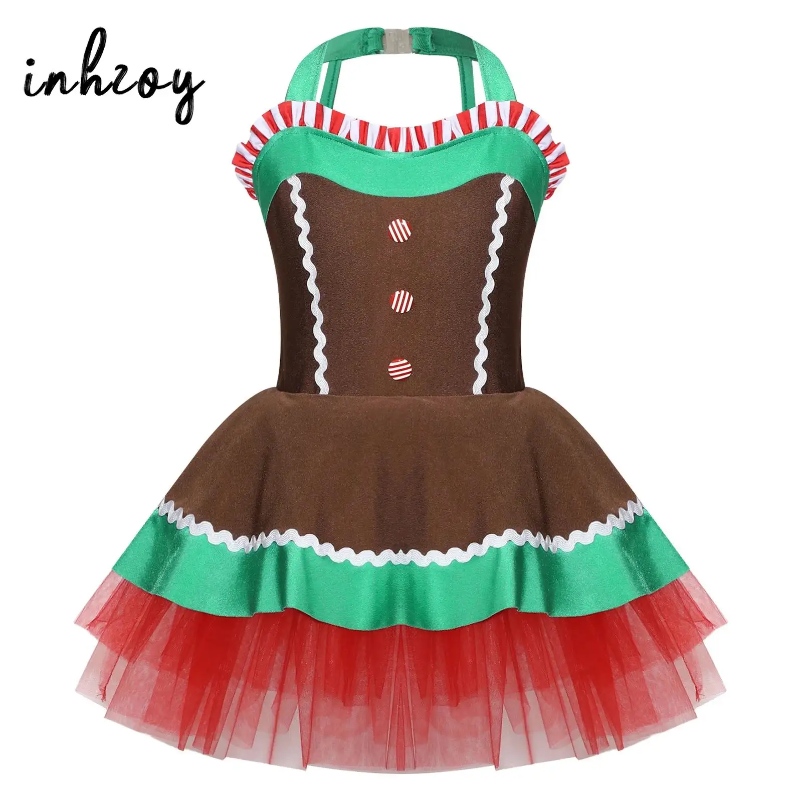 

Girls Christmas Gingerbread Man Costume Holiday Cookie Kids Halter Tutu Dress Xmas New Yeas Party Stage Performance Fancy Outfit