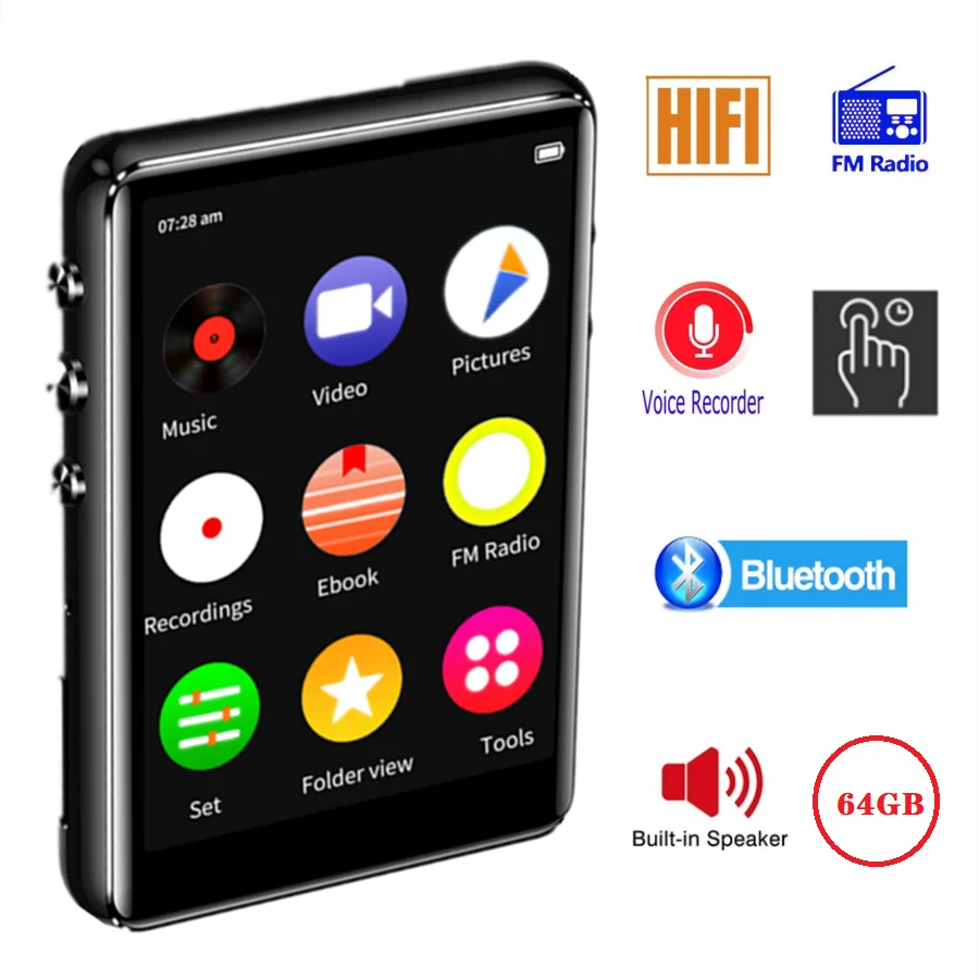 Портативный музыкальный плеер Bluetooth MP4 64 ГБ, сенсорный экран, Hi-Fi видеоплеер с динамиком, электронная книга, FM-радио, мини MP3 рекордер, плеер
Портативный музыкальный плеер Bluetooth MP4 64 ГБ, сенсорный экран, Hi-Fi видеоплеер с динамиком, электронная книга, FM-радио, мини MP3 рекордер, плеер