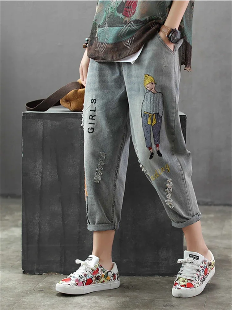 

New Fashion Korea Style Vintage Hole Girl Embroidery Ankle-length Denim Jeans Female Casual Loose Harem Pant Trousers Cloth V509