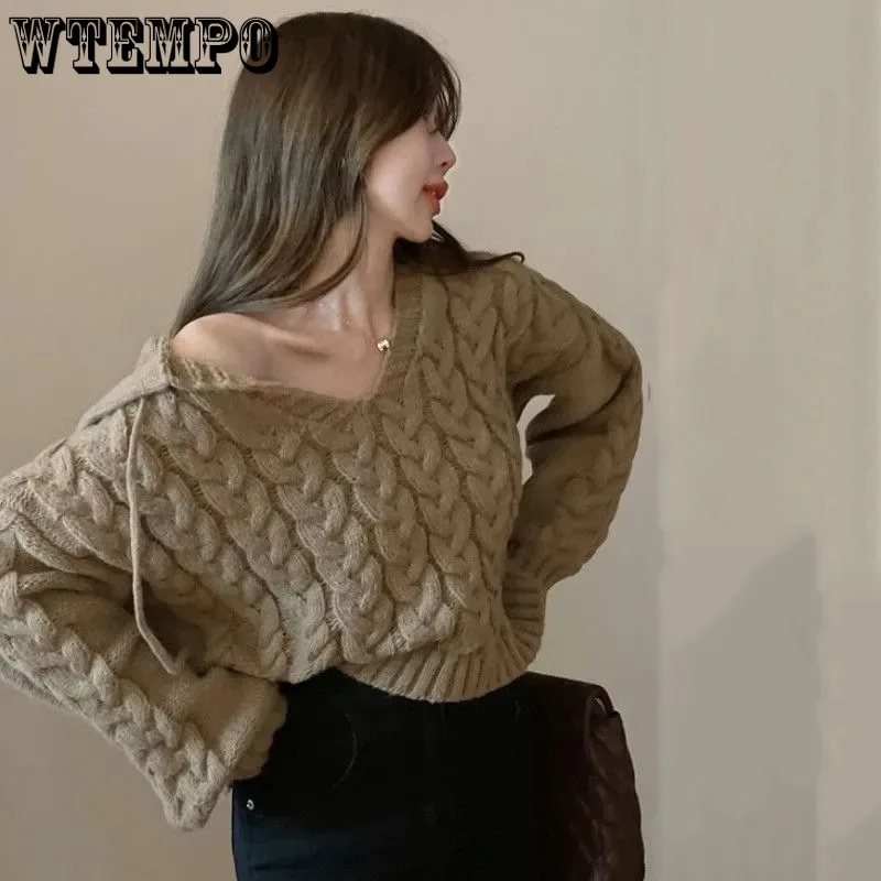 

Hooded V-neck Sweater Women's Loose Short Top High Waist Navel Expose Hotsweet Crochet Fabric American Streetwear Autumn Winter