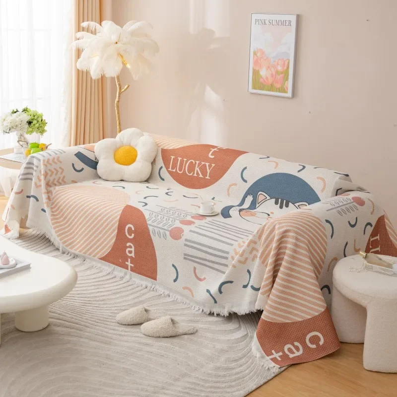 

Вязаные диванные полотенца Lucky Cat с кисточками в скандинавском стиле, универсальный чехол для дивана из хлопка и льна, всесезонное нескользящее покрывало с полным покрытием