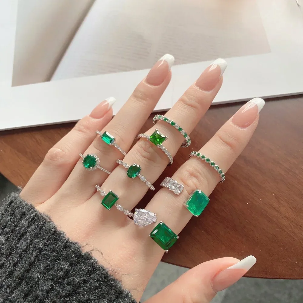 

Women's Luxury Square Ice Oval Diamond Rings Vintage Wedding Party Green Emerald Zircon Fancy Classic Ring кольца Anillos