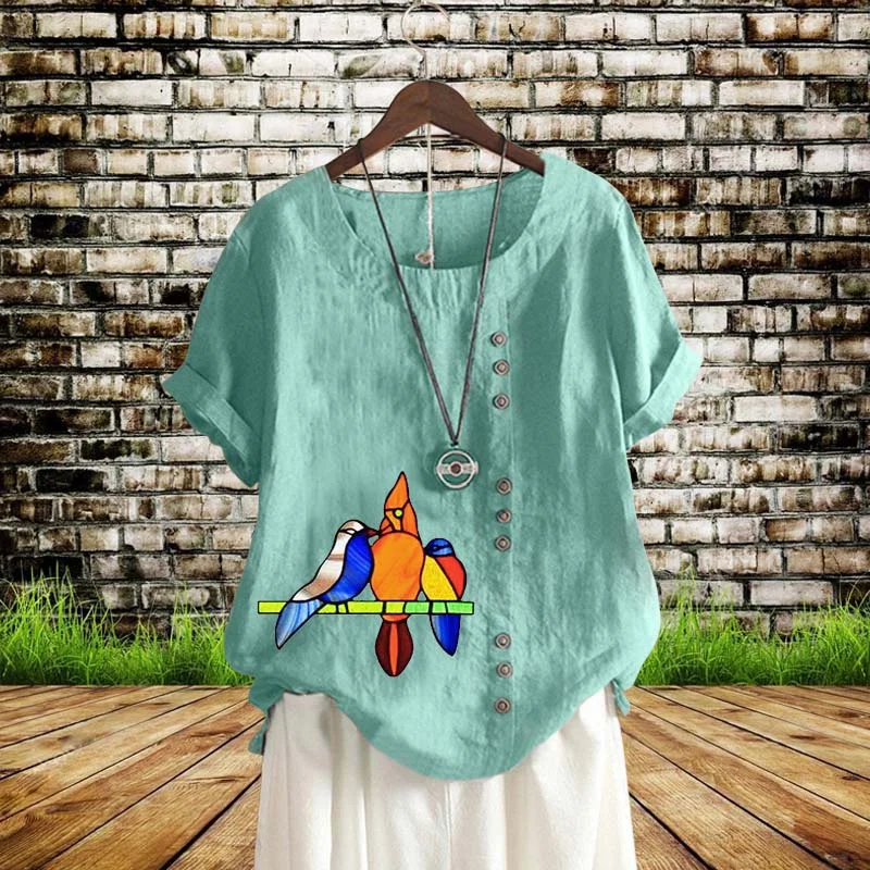 Women's New Summer Bird Print Short Sleeve Round Neck T Shirt Ladies Solid Color Casual Linen Shirt Plus Size Top XS-5XL
Women's New Summer Bird Print Short Sleeve Round Neck T Shirt Ladies Solid Color Casual Linen Shirt Plus Size Top XS-5XL
