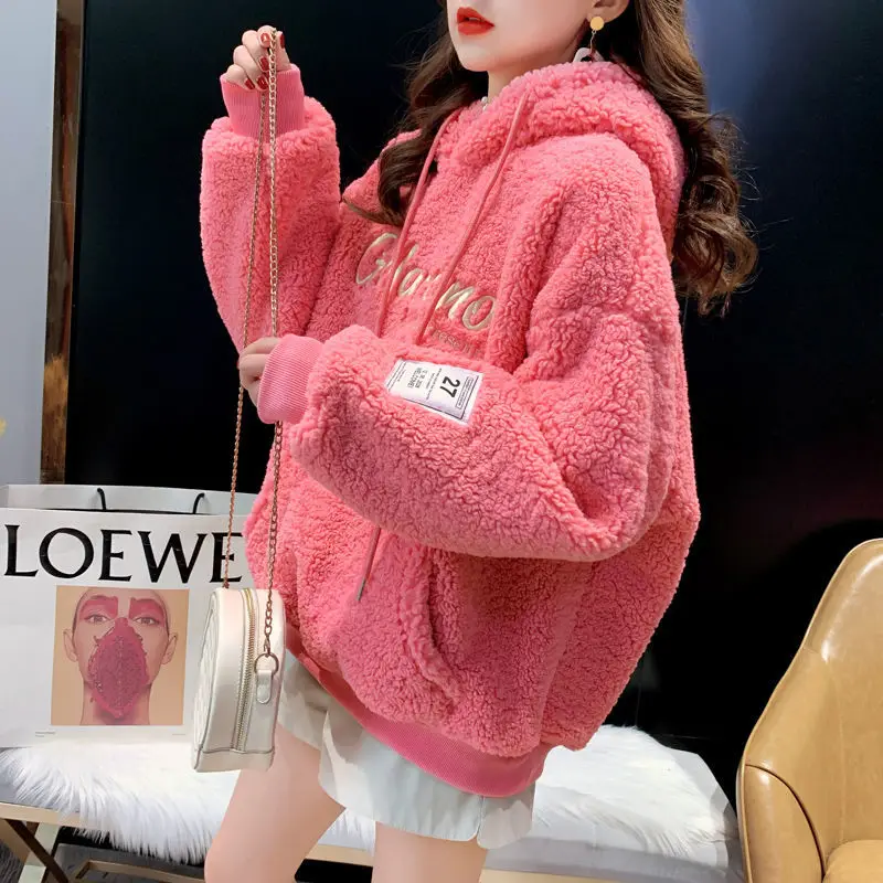 

2024 Autumn Winter New Loose Student Lamb Wool Pullover Hoodies Embroidered and Velvet Thickened Sweatshirt Women ropa de mujer