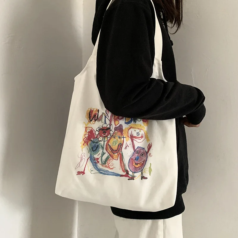 

New Japanese Tote Shopping Bag for Lady 2024 Literary Cartoon Canvas Shoulder Bag Women Students Cotton Cloth Eco Shopper Bag